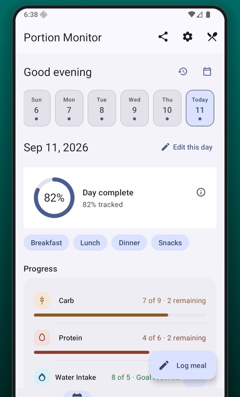 The Today screen of Portion Monitor: a day completion ring, meal chips, and progress bars for carbs, protein and water with the goal state written next to each.