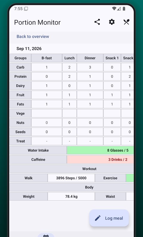 The detailed grid: a table of food groups against meals, with water, caffeine, workout and body rows below.