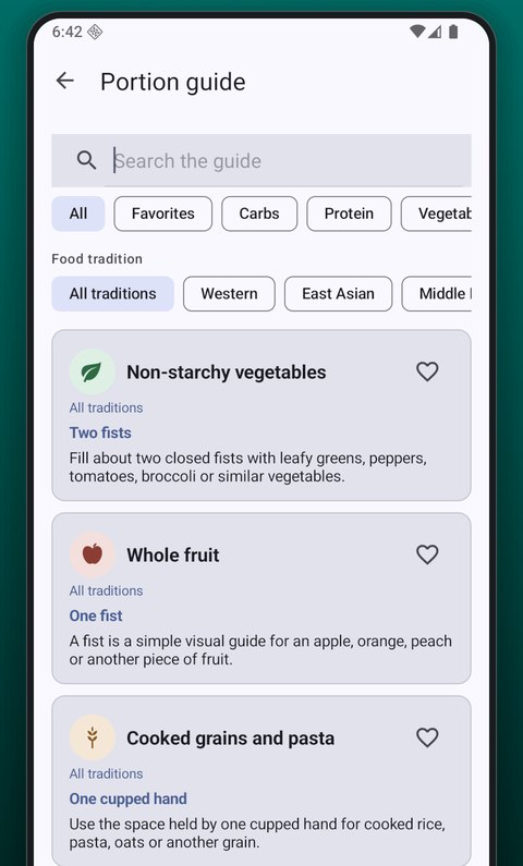 The portion guide: a search box, food group and tradition filters, and entries such as non-starchy vegetables, two fists.
