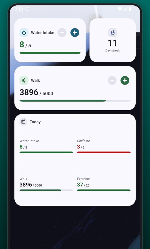 An Android home screen with the Water, Day streak, Walk and Today widgets from Portion Monitor.